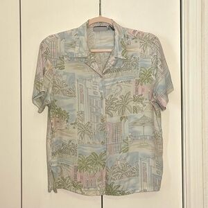 Vintage Liz Claiborne Liz Sport Petite M Beach Vacation Print Button Down Shirt